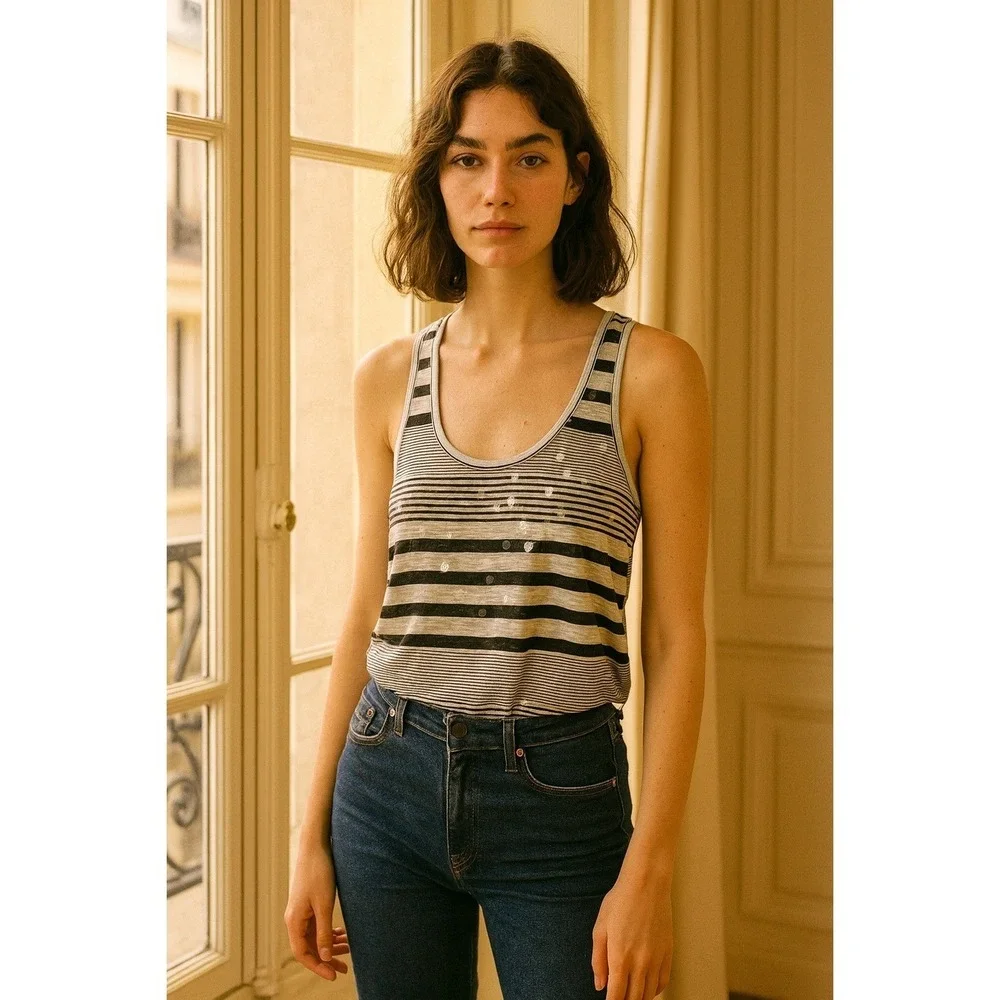 Black & White Striped Tank Top Sequin Accents Sleeveless‎ Casual